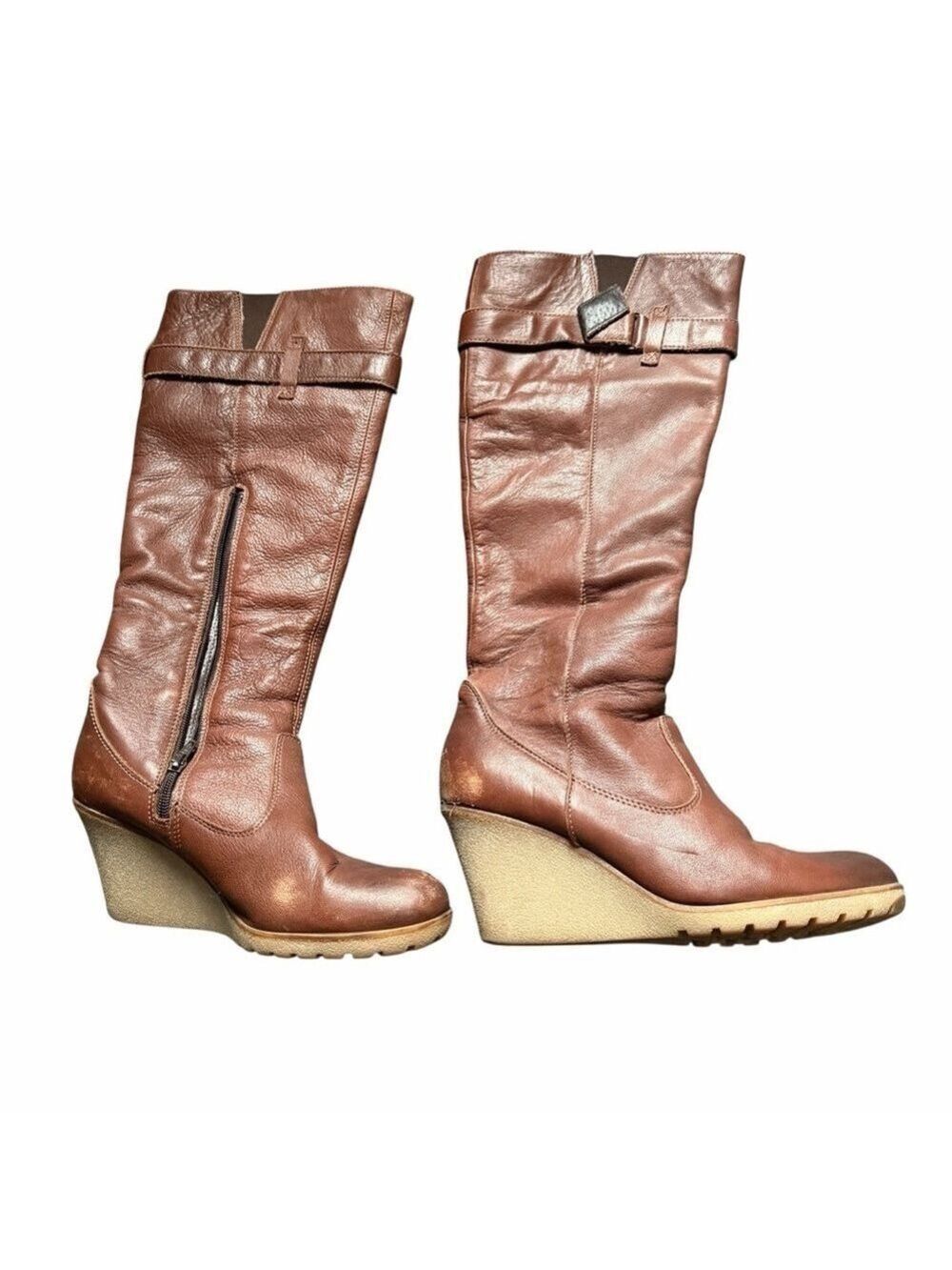 Aldo Brown Leather 3.5” Rubber Wedge Long Boots Size 41 Side Zipper